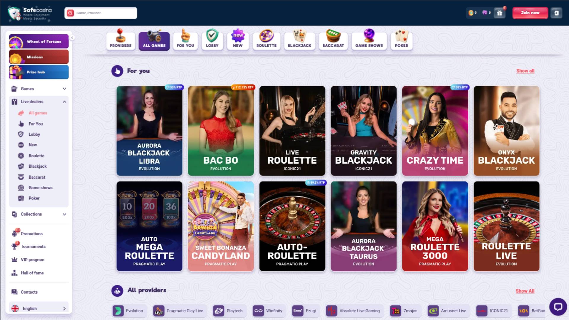 Capture d'écran de la page des jeux en direct de SafeCasino