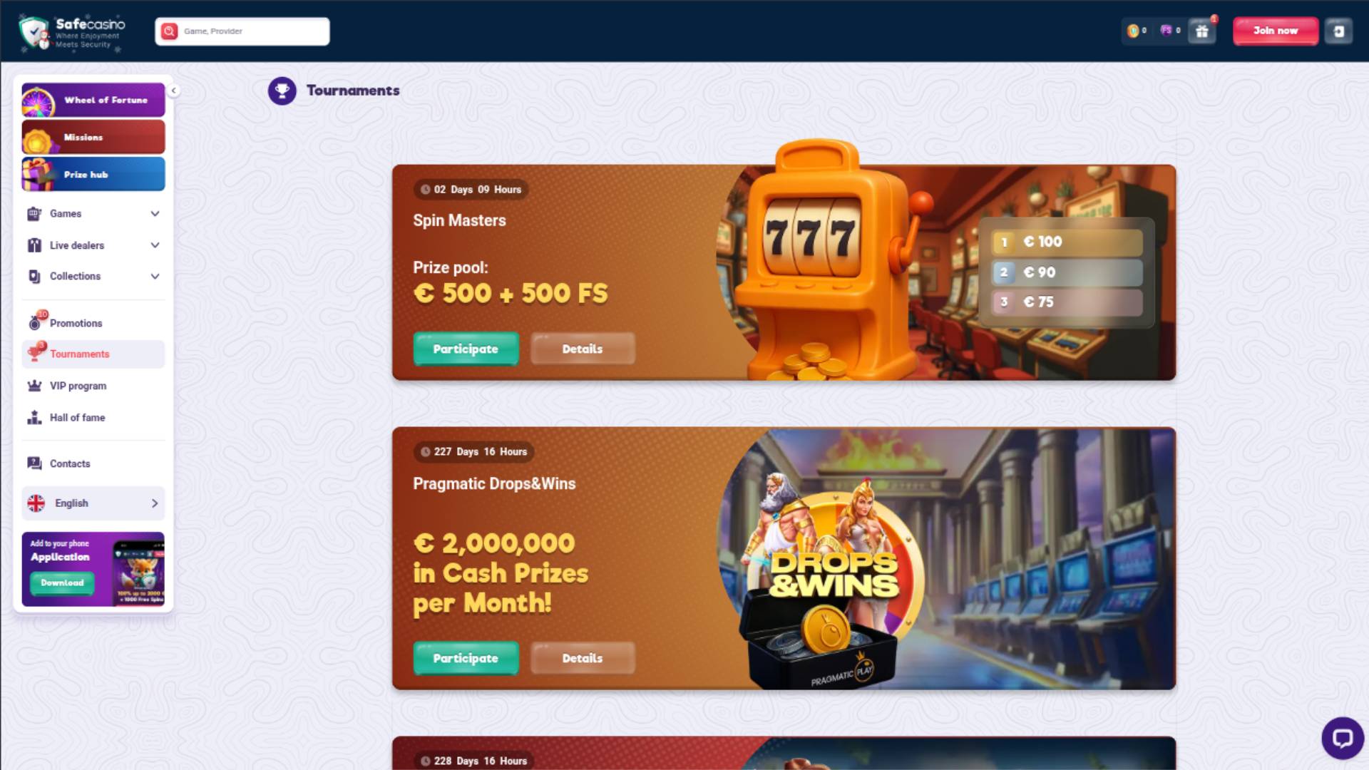 Capture d'écran de la page Tournois de SafeCasino