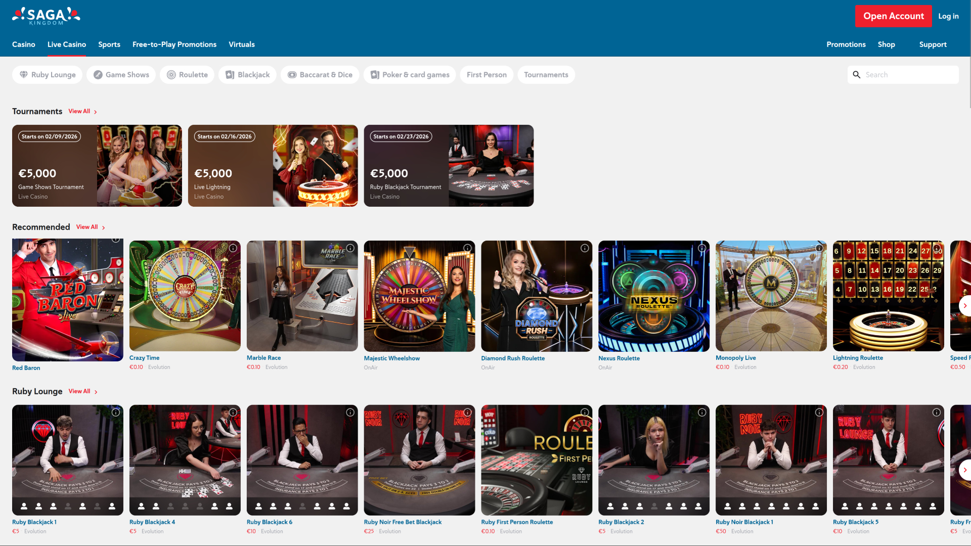 Casino Saga Kingdom sur ordinateur avec croupier en direct