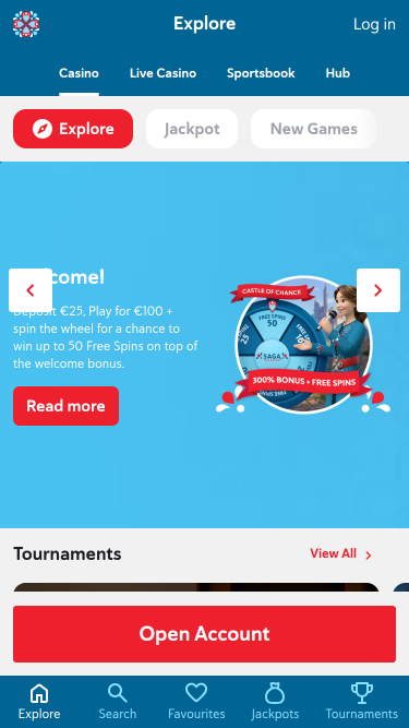 Page d'accueil mobile du casino Saga Kingdom