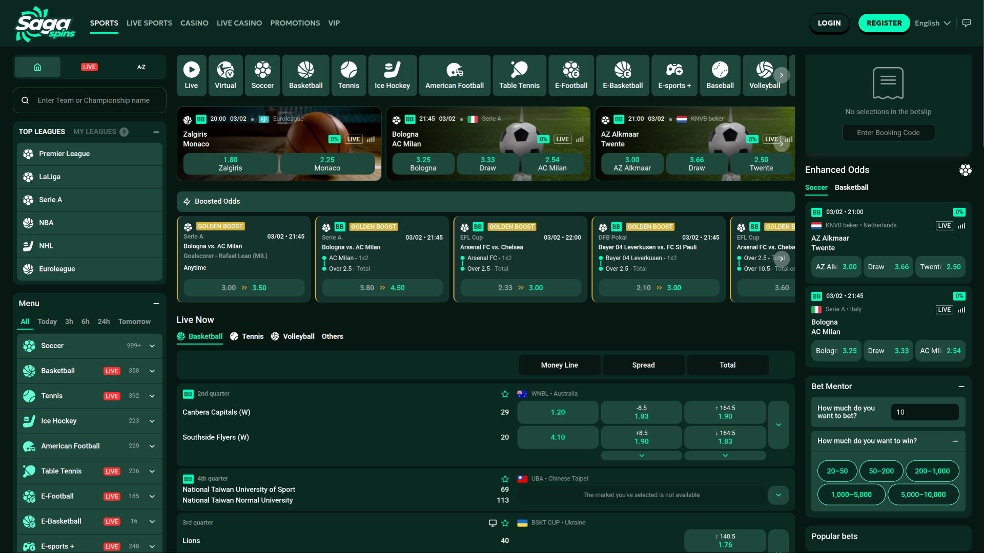 Ставки на спорт в казино SagaSpins (на компьютере)