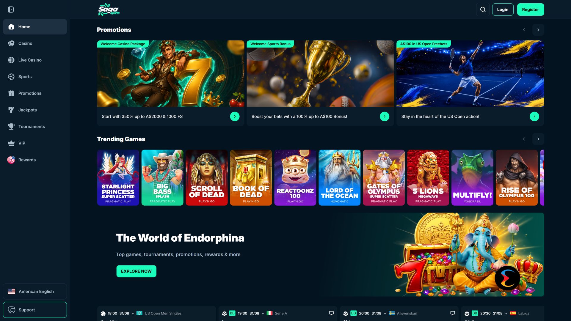 Página de inicio de SagaSpins Casino