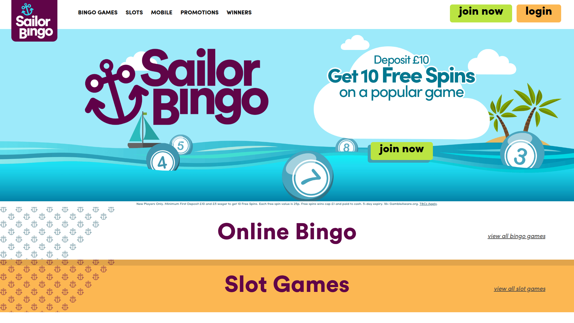 Homepage desktop di Sailor Bingo