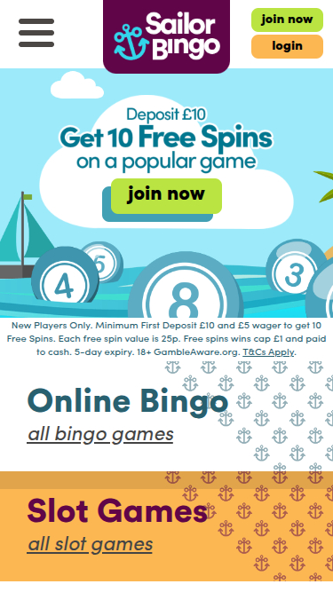 Homepage mobile di Sailor Bingo