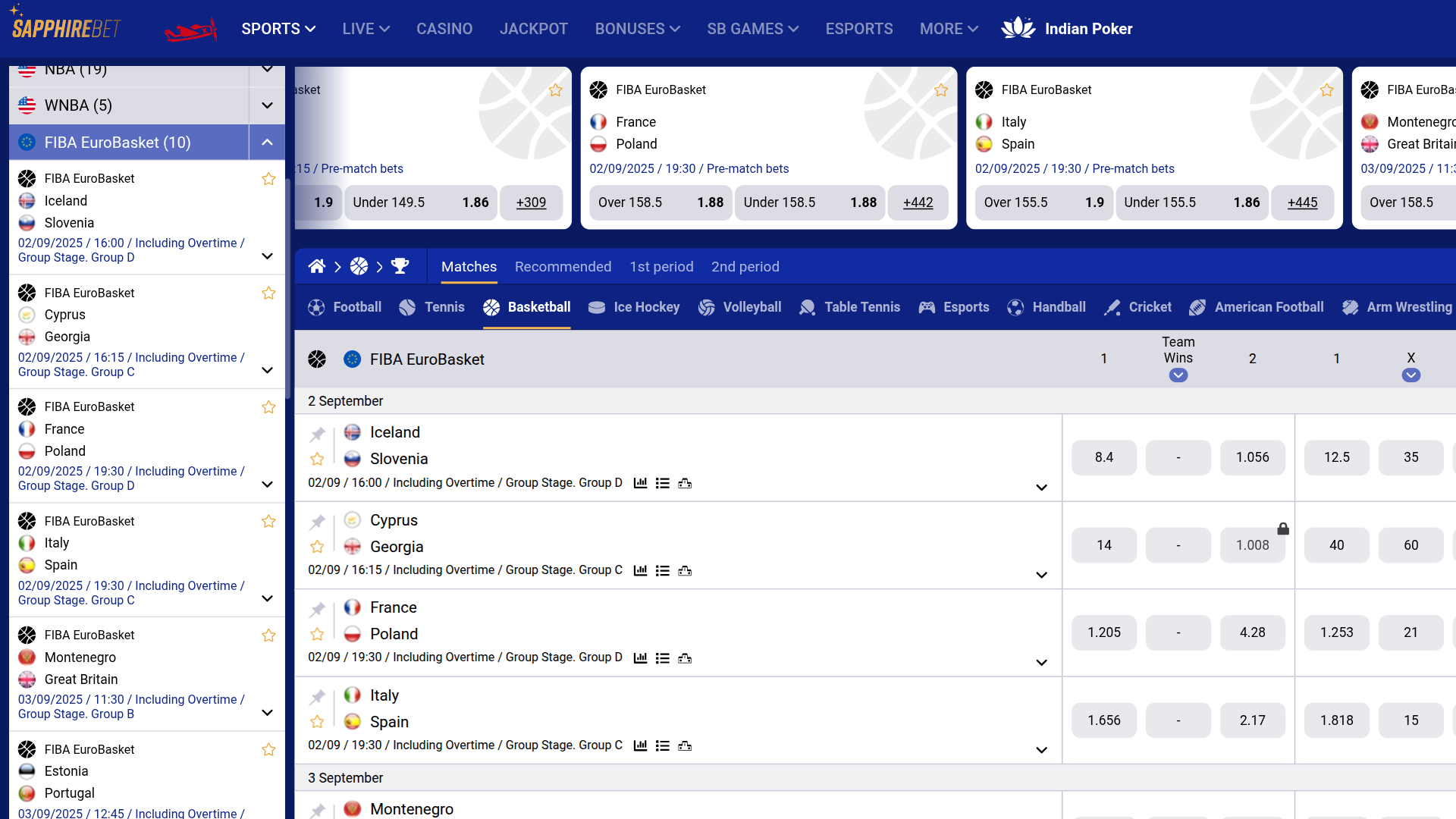 SapphireBet Casino Desktop Sports