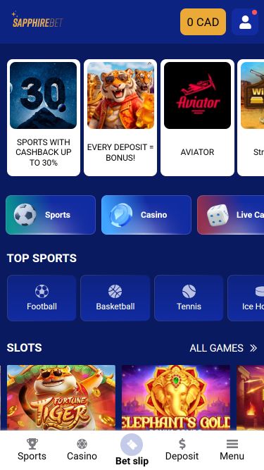 Página de inicio móvil de SapphireBet Casino