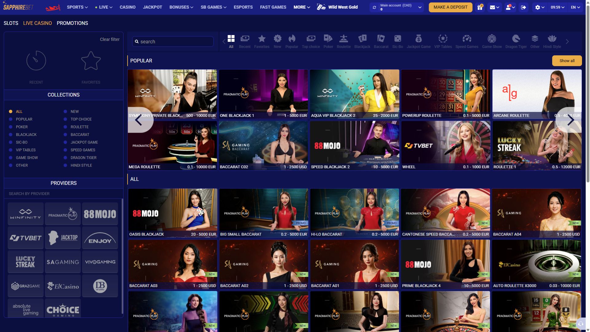 Crupier en vivo de escritorio de SapphireBet Casino