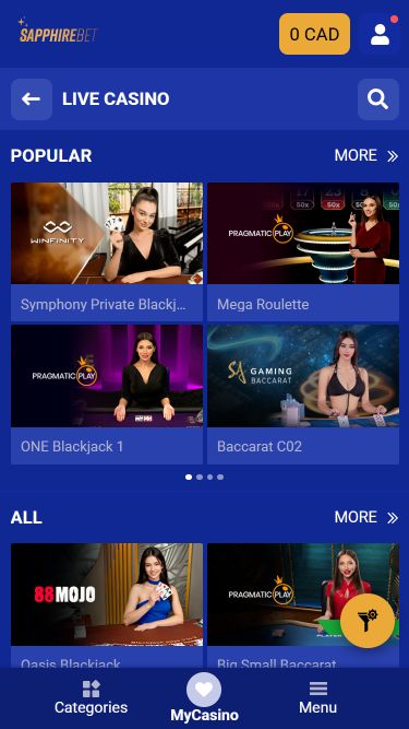 Crupier en vivo móvil de SapphireBet Casino