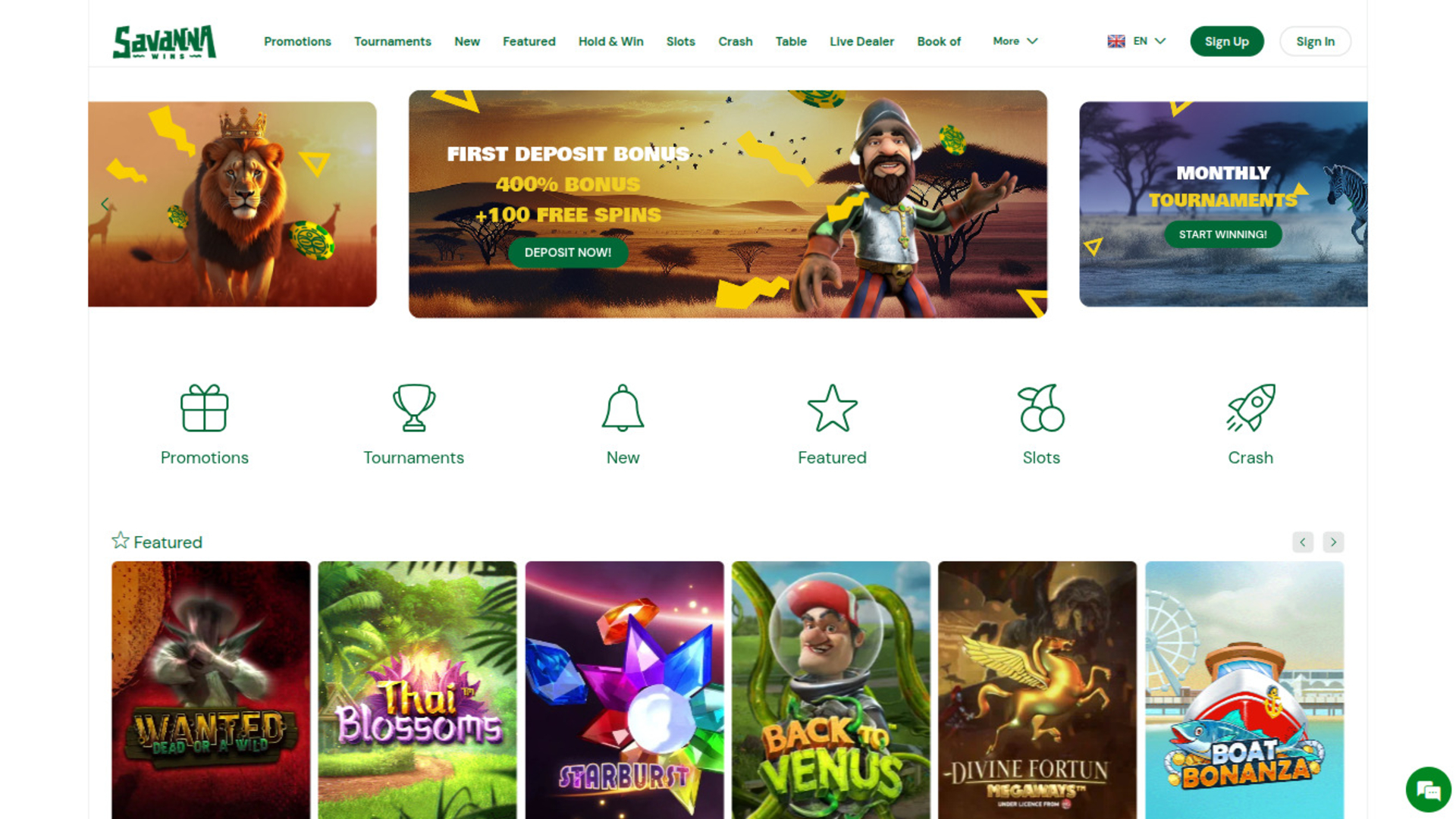 Page d'accueil de bureau de Savanna Wins Casino