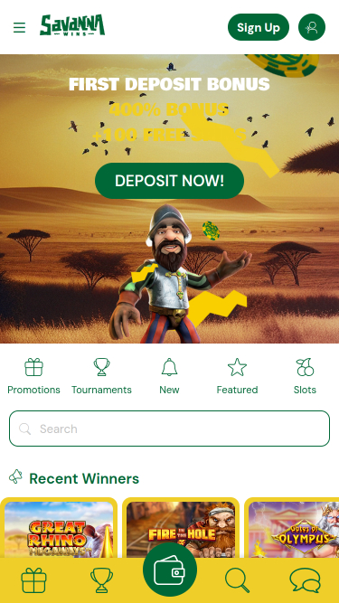 Page d'accueil mobile de Savanna Wins Casino
