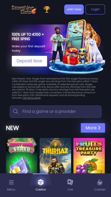 Homepage mobile di Scorching Slots Casino