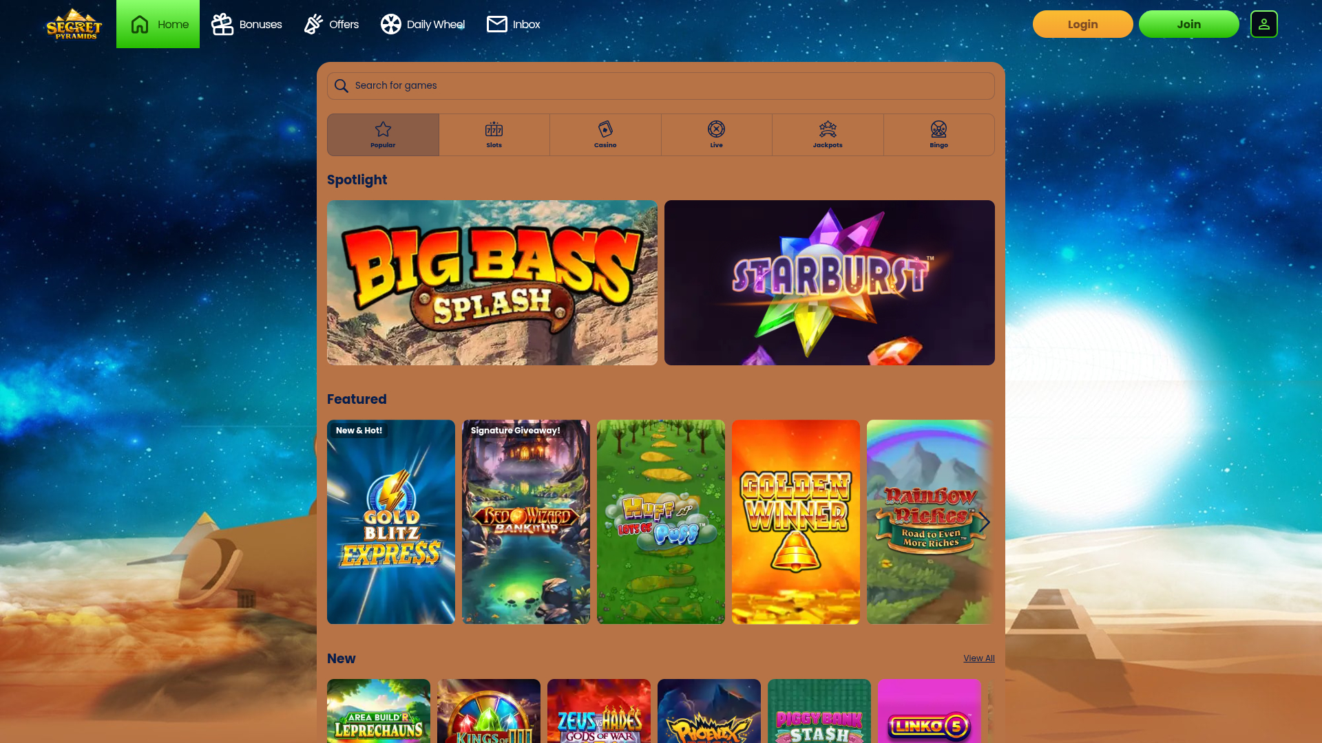 Juegos de escritorio del casino Secret Pyramids