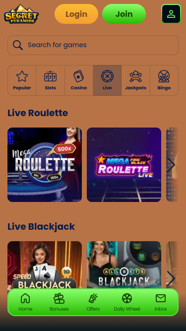 Casino móvil con crupier en vivo de Secret Pyramids