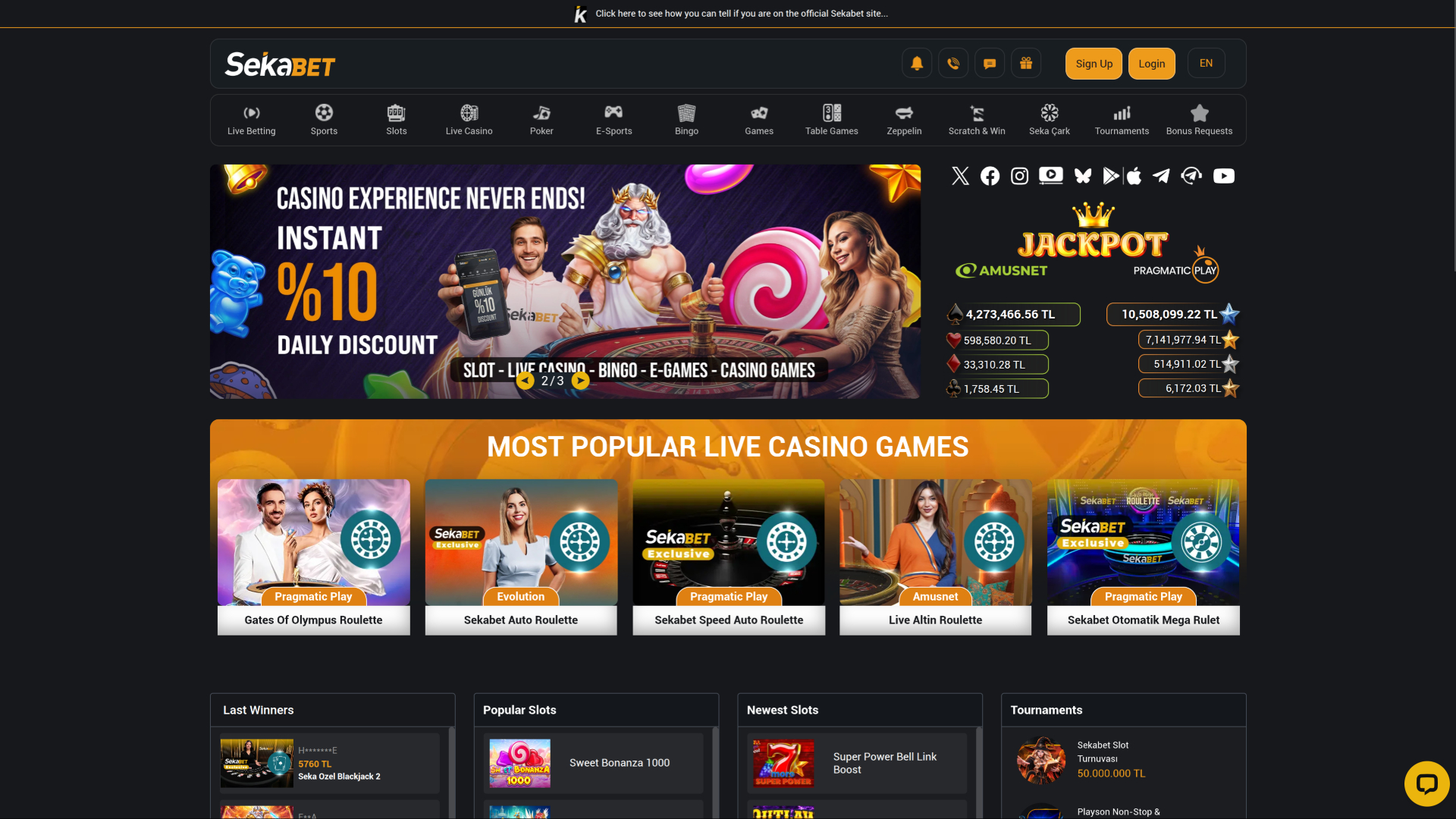 Sekabet Casino Desktop-Homepage