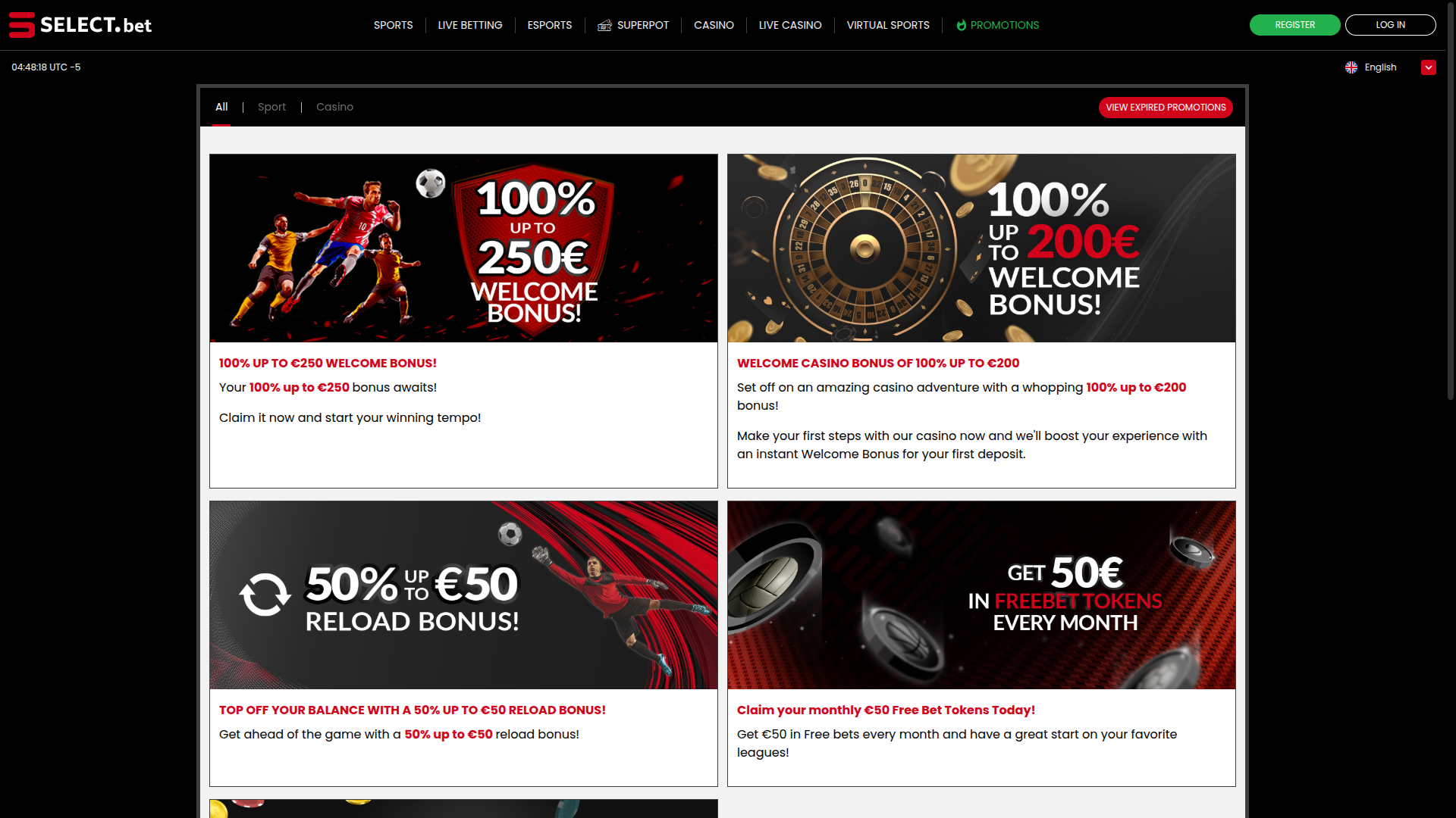 Promotions sur ordinateur du casino SELECT.bet