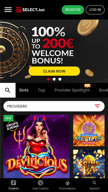Page d'accueil mobile du casino SELECT.bet