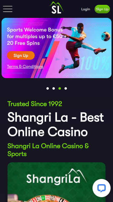 Page d'accueil mobile du casino Shangri La Live