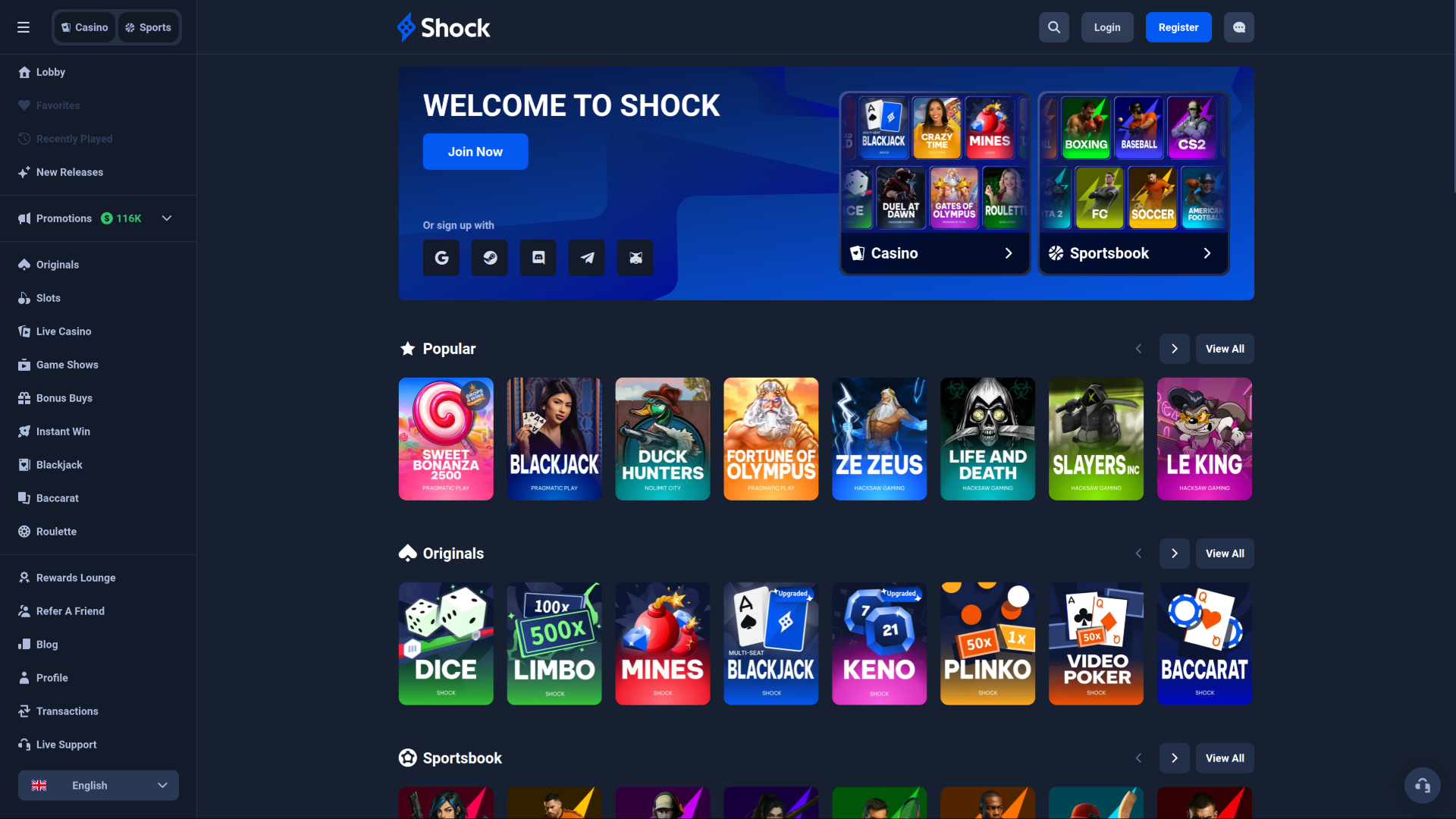 Главная страница Shock Casino для настольных компьютеров