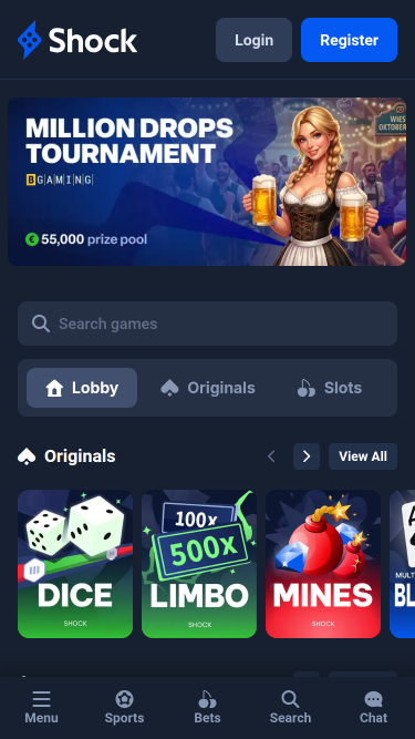 Главная страница мобильного приложения Shock Casino