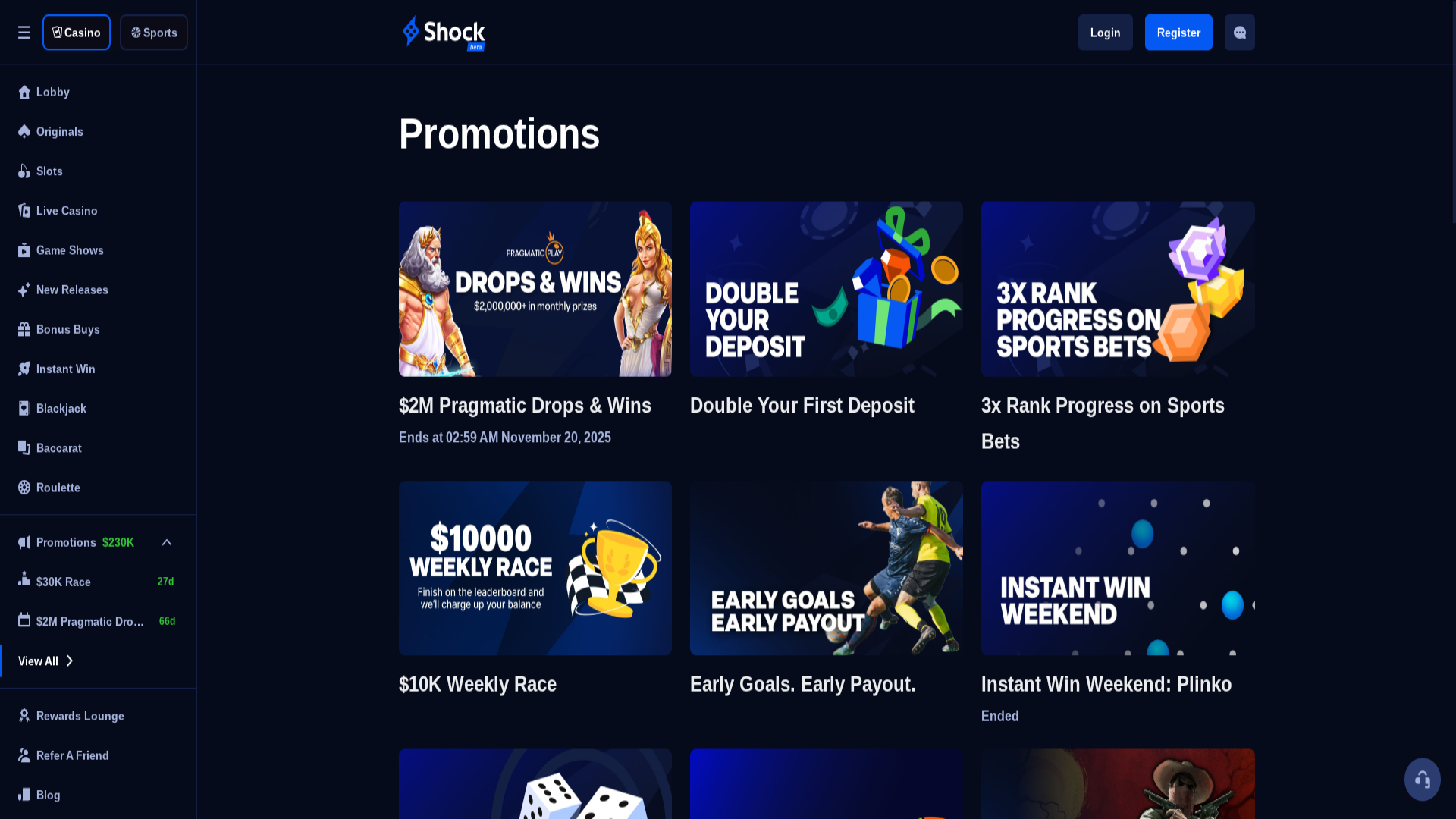 Capture d'écran des promotions de Shock Casino pour ordinateur de bureau