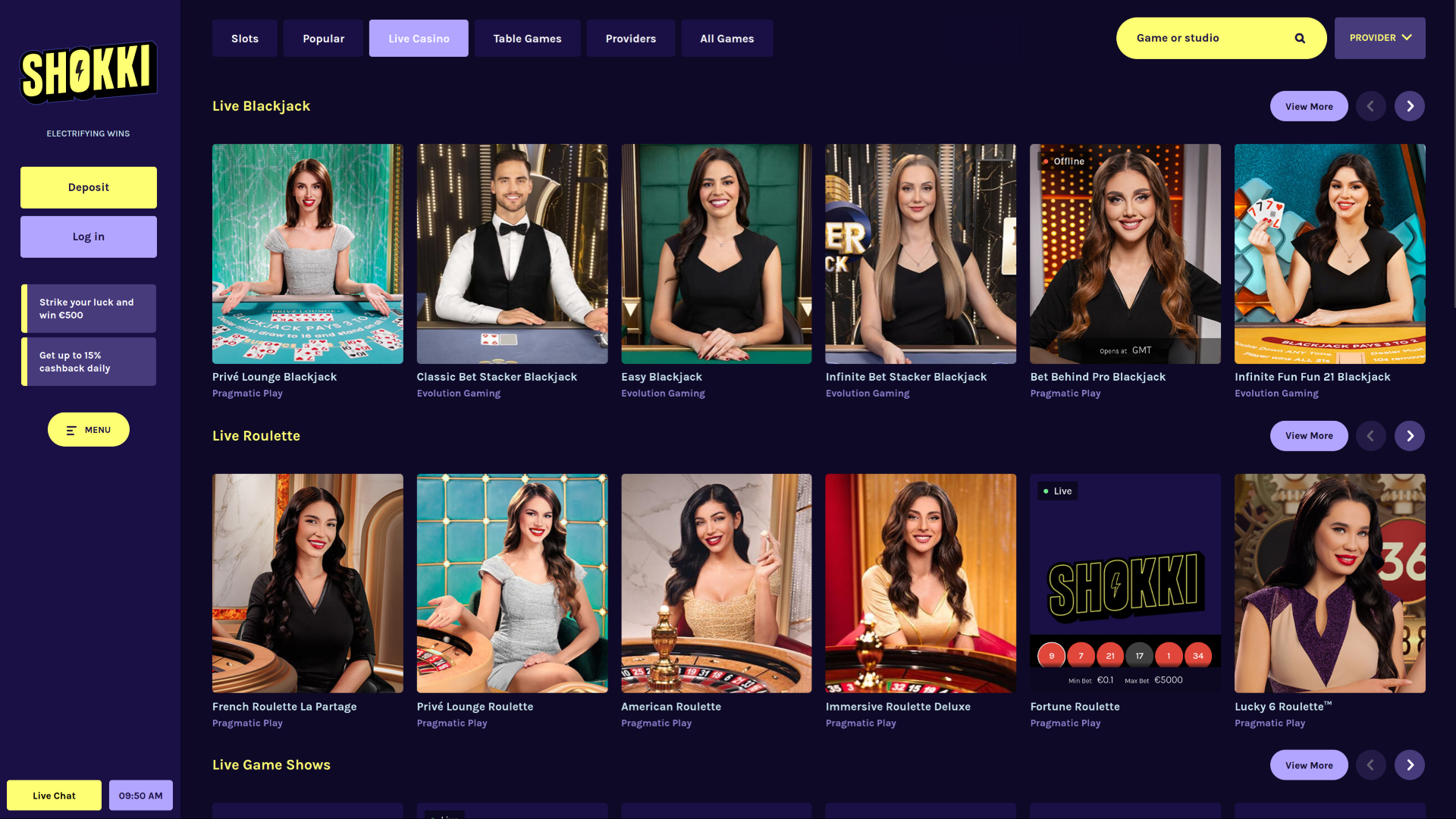 Shock Casino Desktop Croupier dal vivo