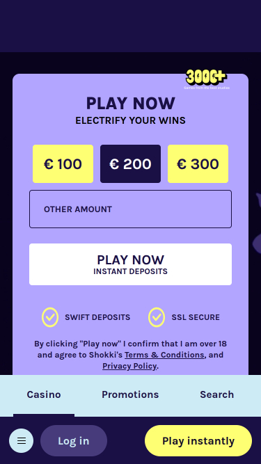 Homepage mobile di Shock Casino