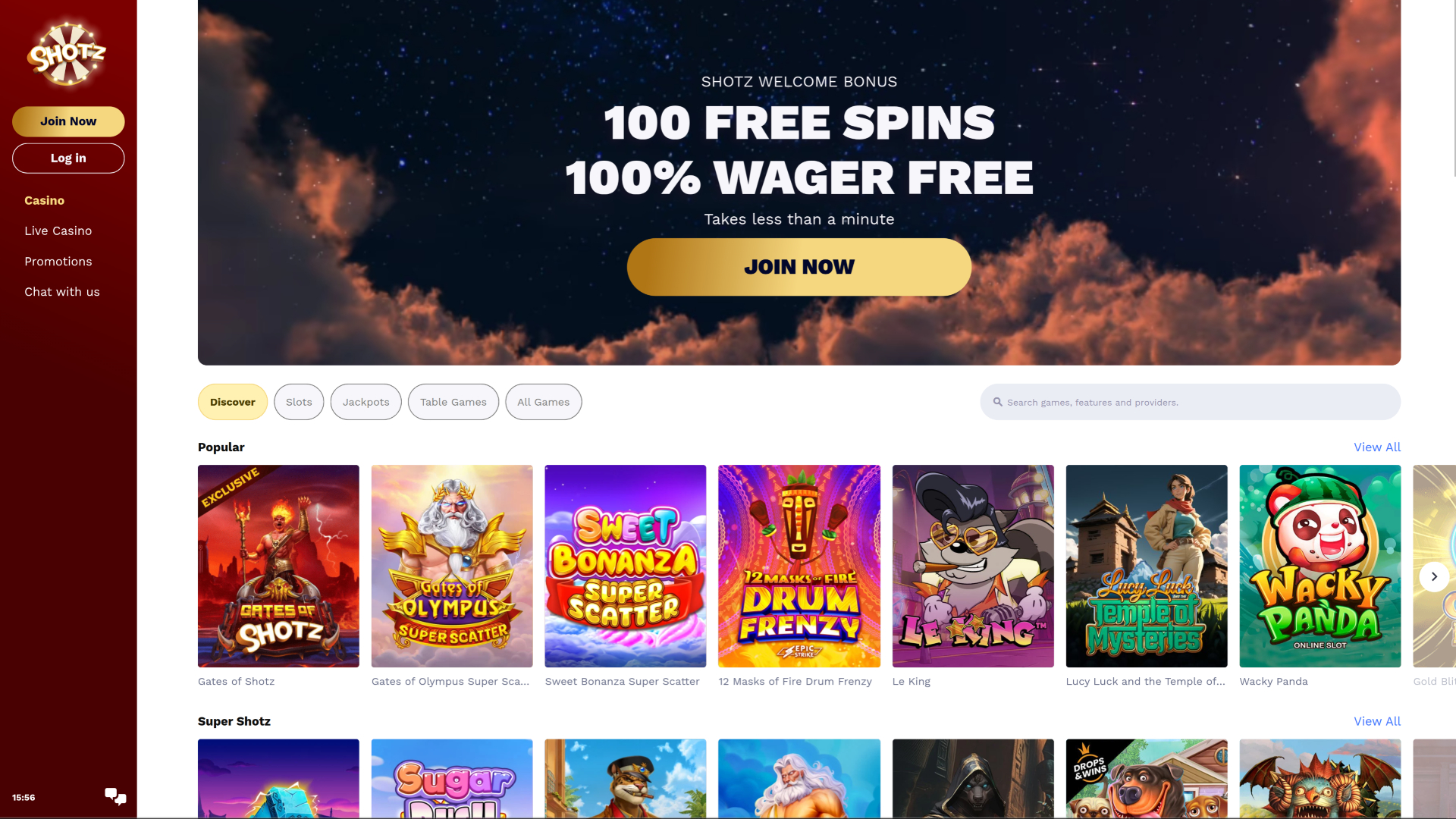 Page d'accueil du casino Shotz pour ordinateur