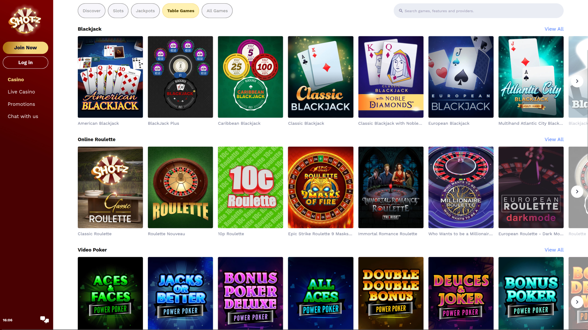 Jeux de table de casino Shotz sur ordinateur