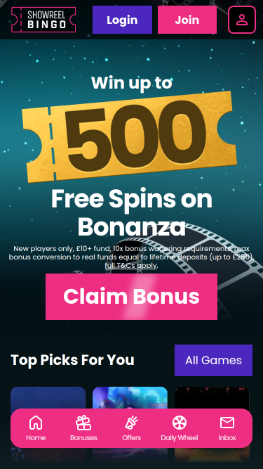 Page d'accueil mobile du casino Showreel Bingo
