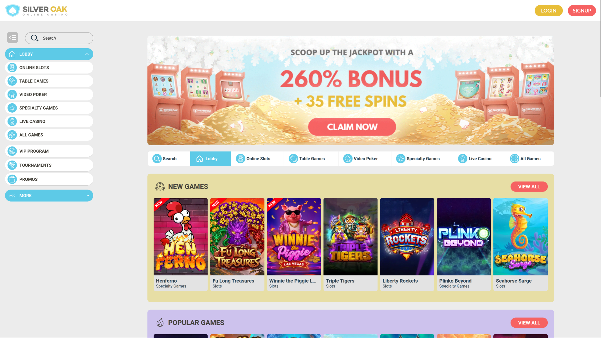 Pagina iniziale desktop di Silver Oak Casino