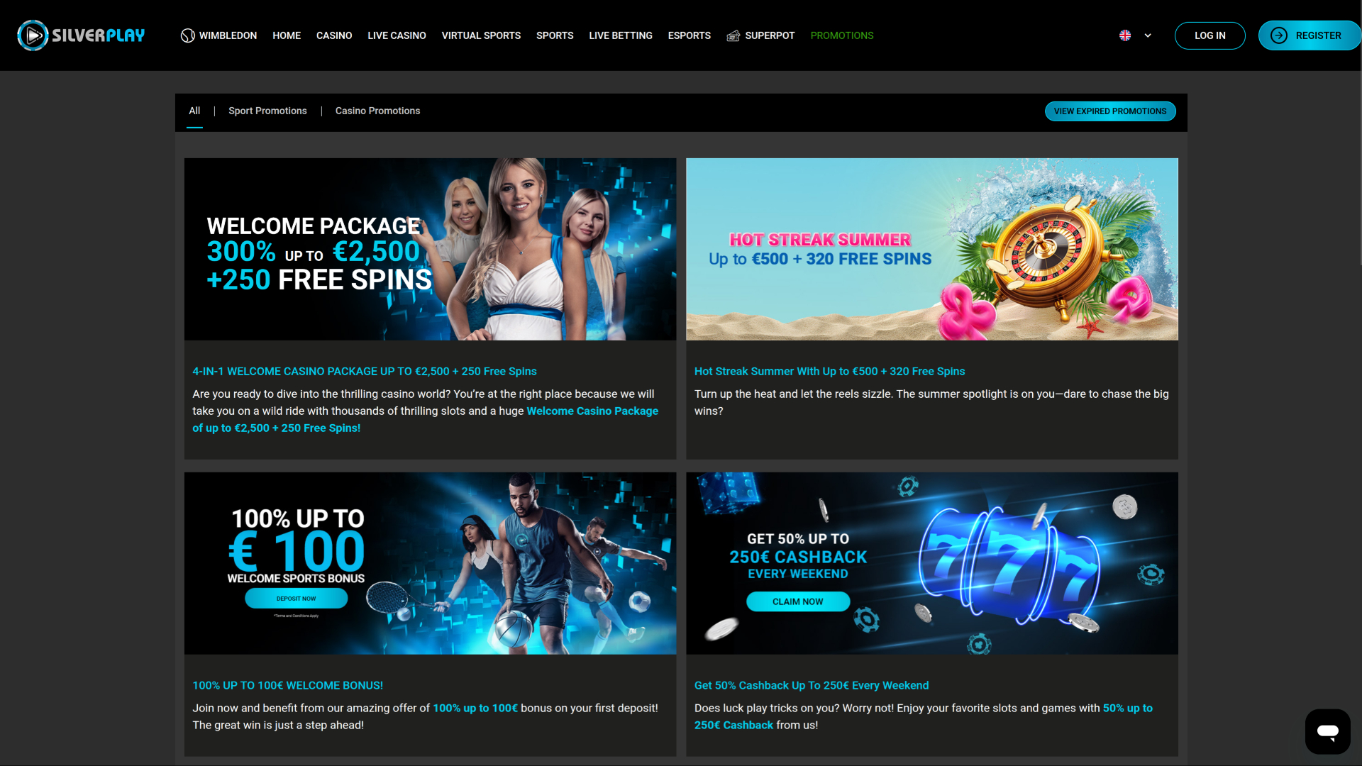 Página de inicio de SilverPlay Casino en escritorio