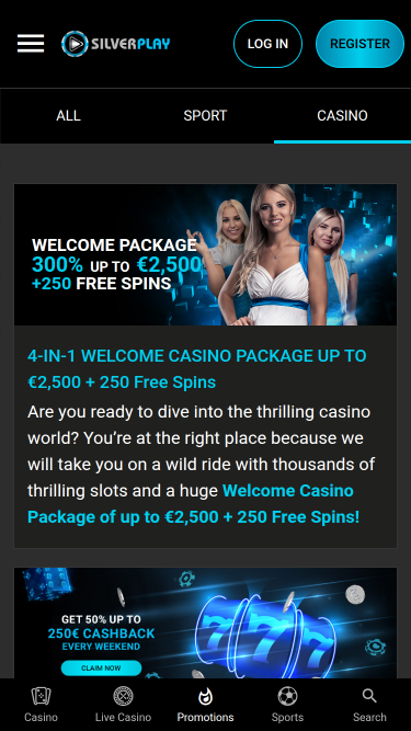 Página de inicio de SilverPlay Casino en móvil