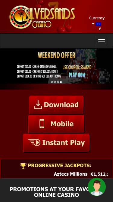 Page d'accueil mobile du casino Silversands