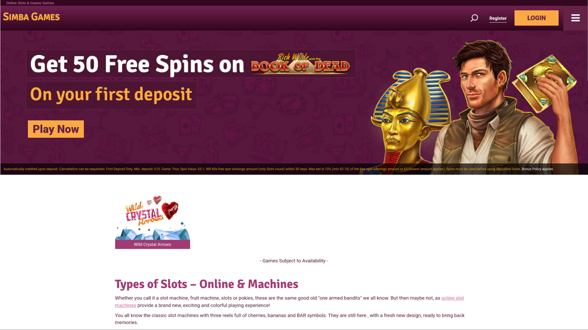 Page d'accueil du casino Simba Games (version ordinateur)