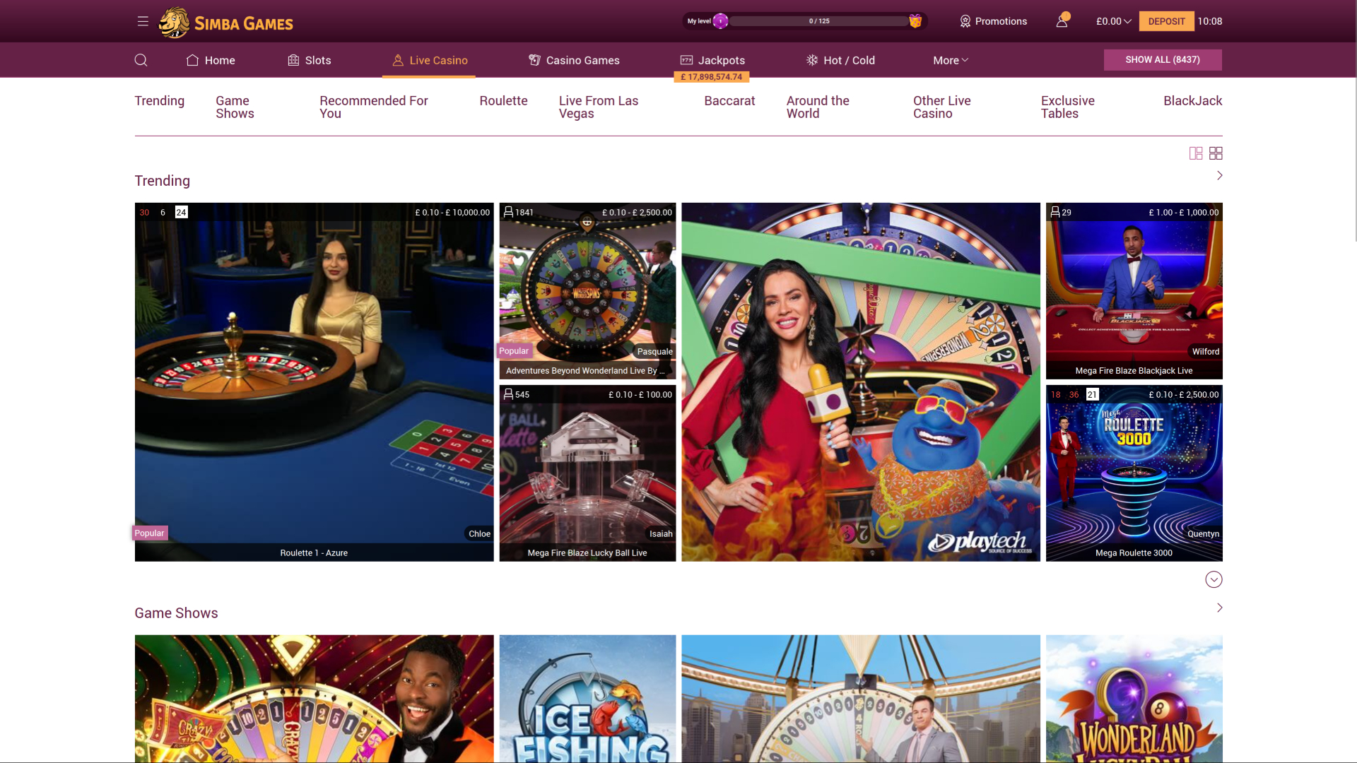 Casino Simba Games pour ordinateur avec croupier en direct