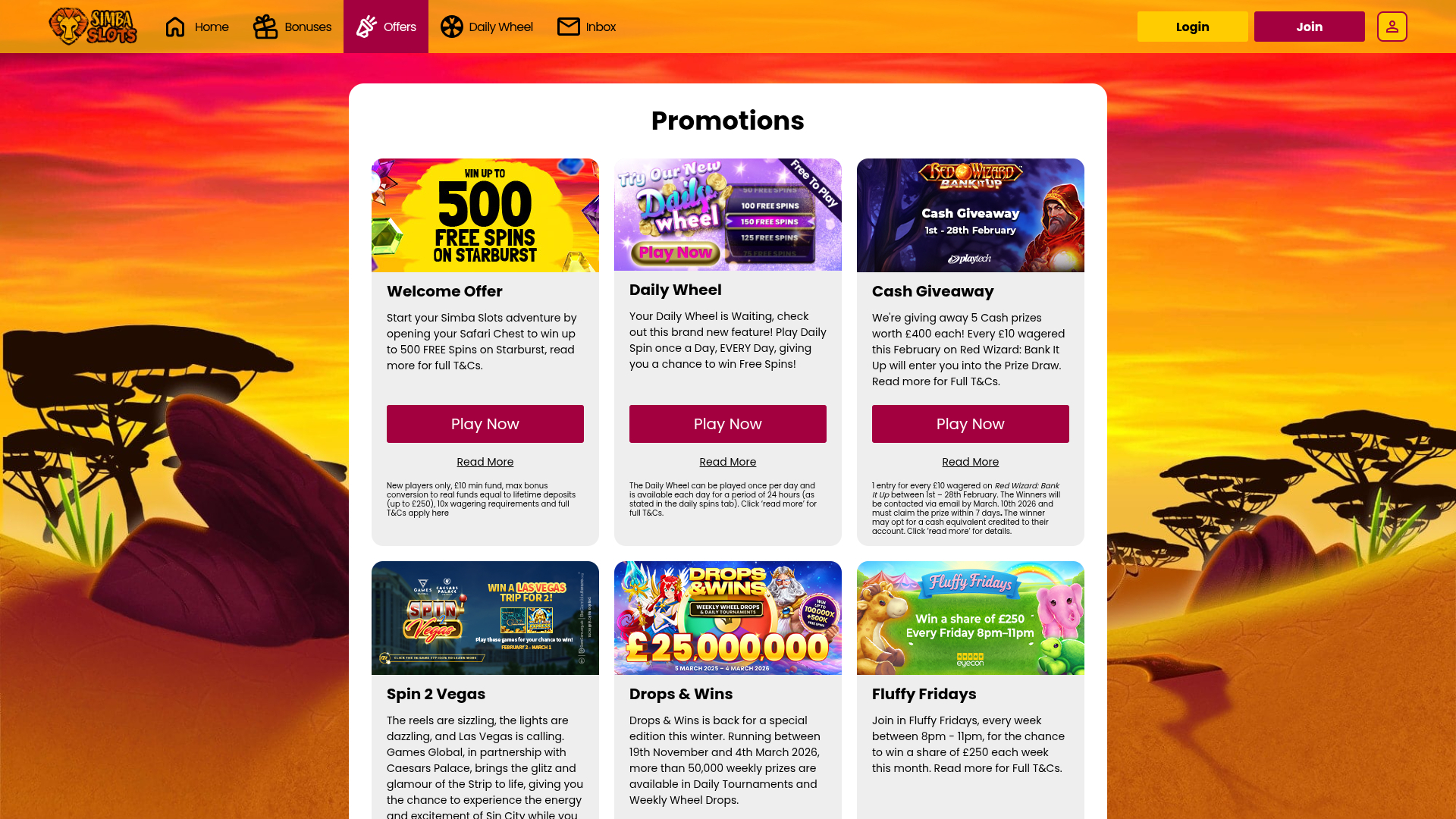 Promotions pour ordinateur de bureau du casino Simba Slots