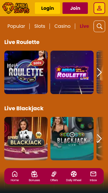 Casino mobile Simba Slots avec croupier en direct