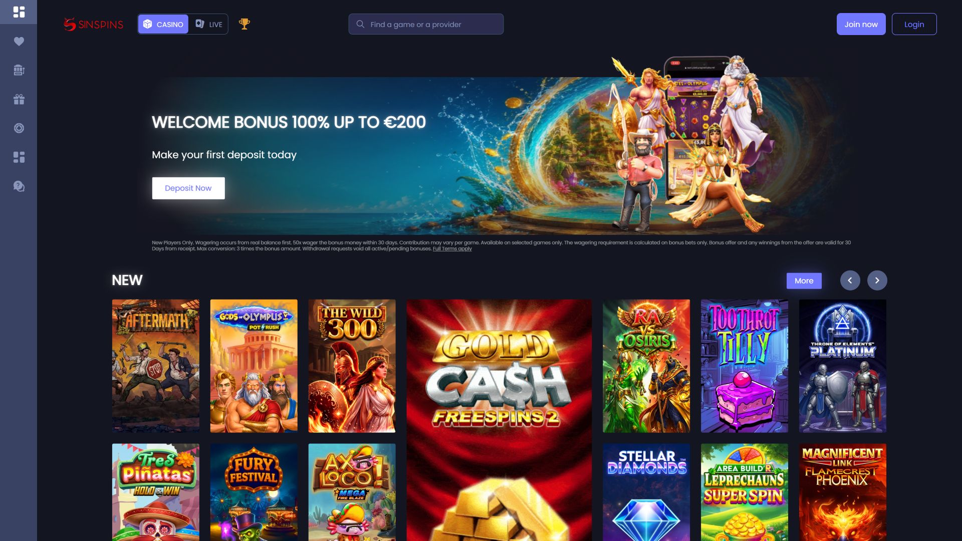 Page d'accueil du casino Sin Spins pour ordinateur