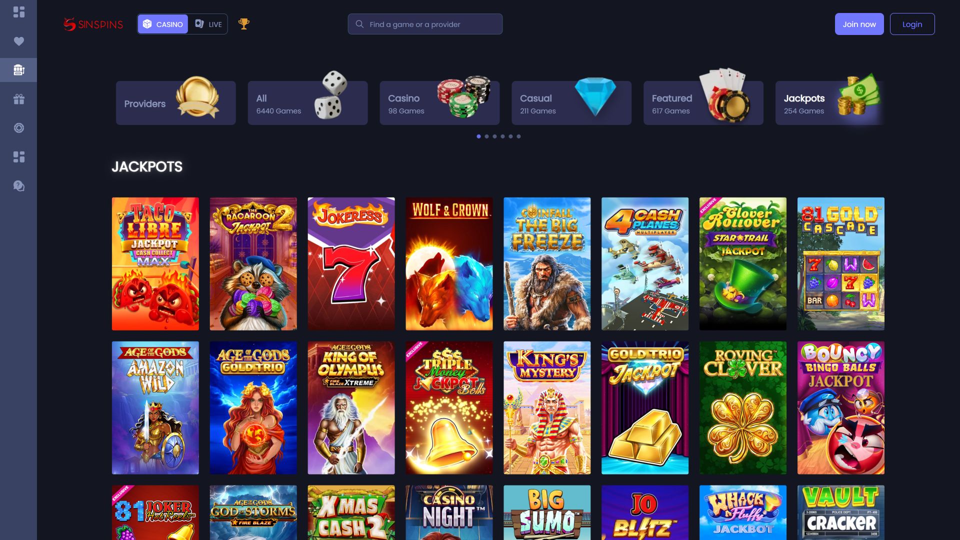 Jackpot du casino Sin Spins sur ordinateur