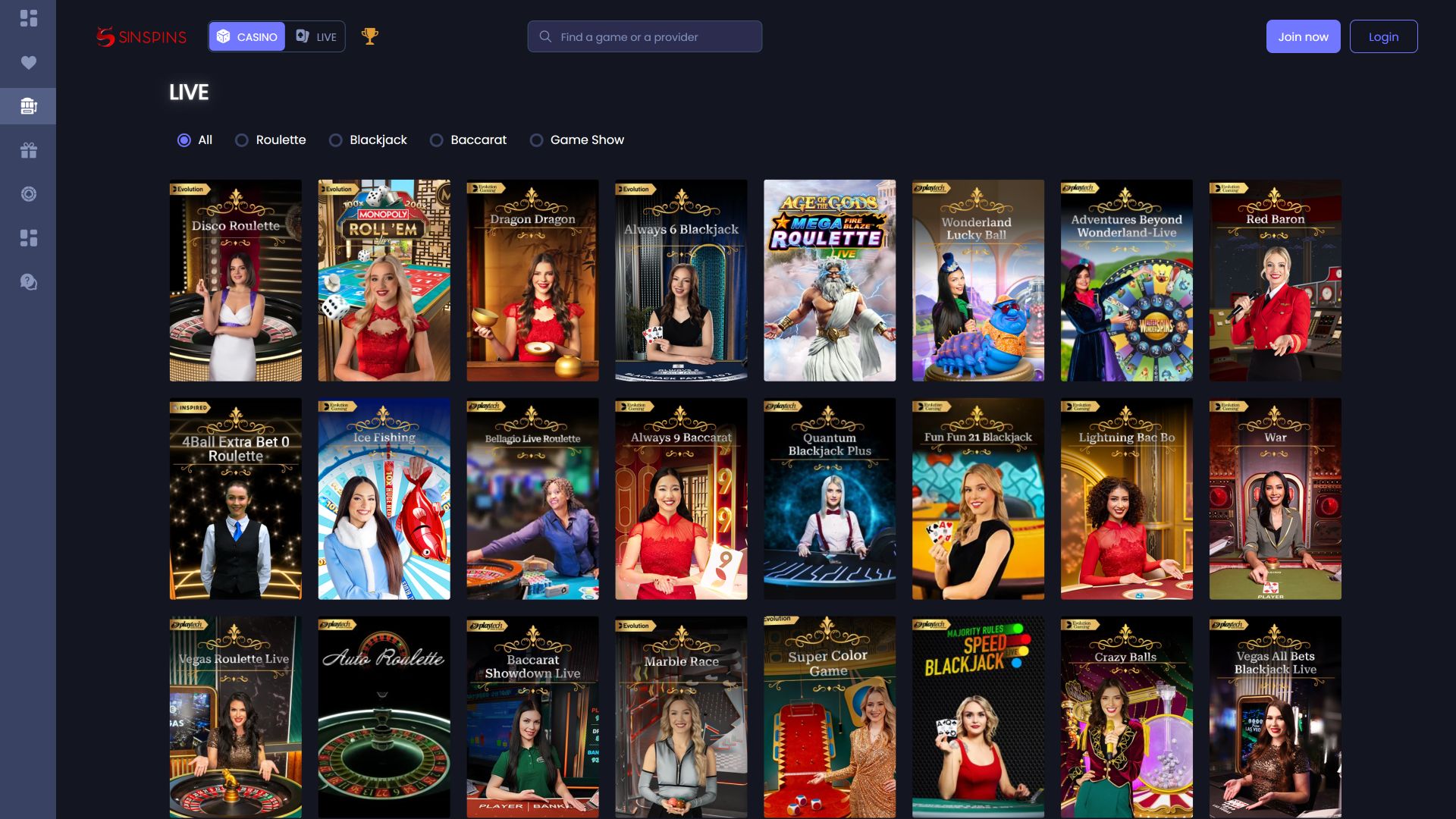 Casino Sin Spins pour ordinateur avec croupier en direct