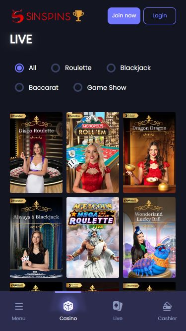 Casino mobile Sin Spins avec croupier en direct