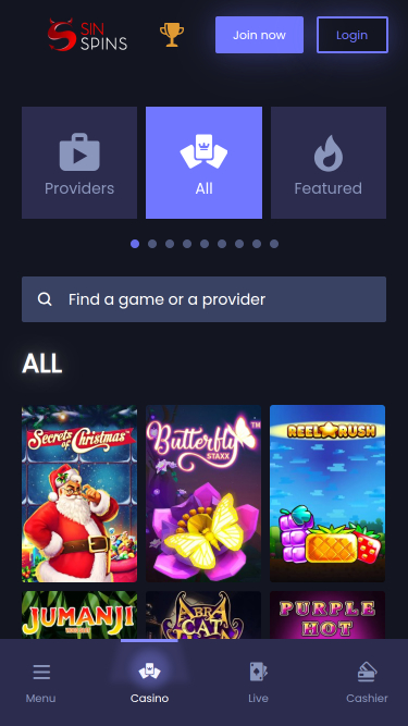 Jeux mobiles de Sin Spins Casino