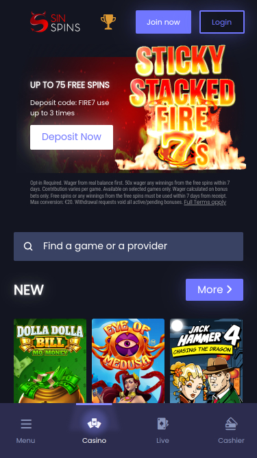 Page d'accueil mobile de Sin Spins Casino