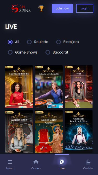 Croupier en direct mobile de Sin Spins Casino