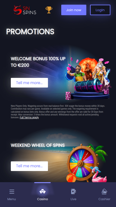 Promotions mobiles de Sin Spins Casino