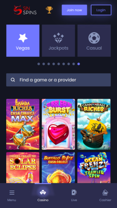 Jeux de Vegas mobiles de Sin Spins Casino