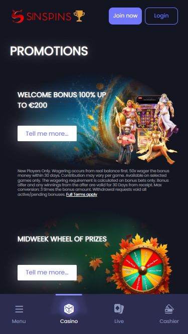 Promotions mobiles du casino Sin Spins