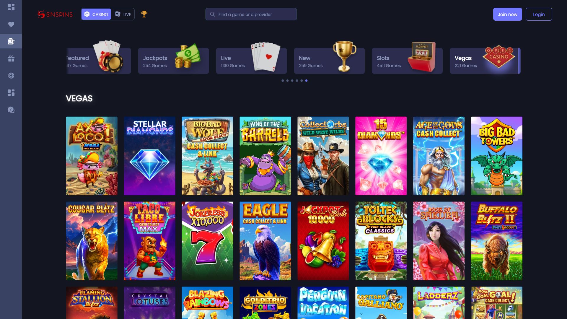 Jeux de casino Sin Spins sur ordinateur de Vegas