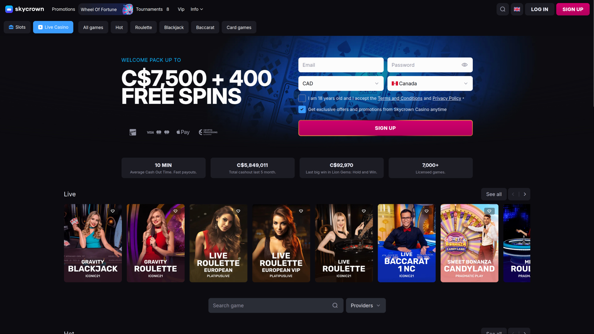 Croupier en direct de Skycrown Casino sur ordinateur