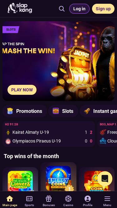 Page d'accueil mobile du casino SlapKong